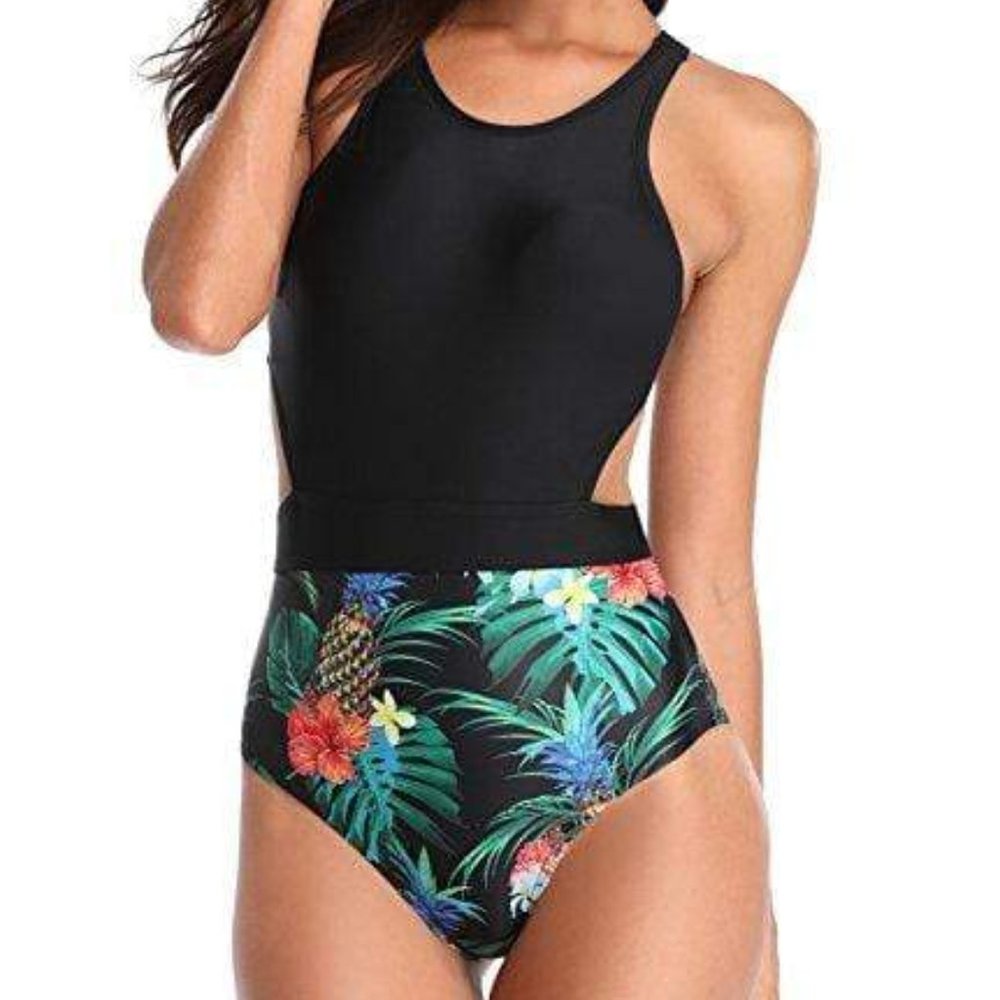 Tempt Me Women one Piece Tropical Printed High Neck Swimwear Cut Out Zip Up Back